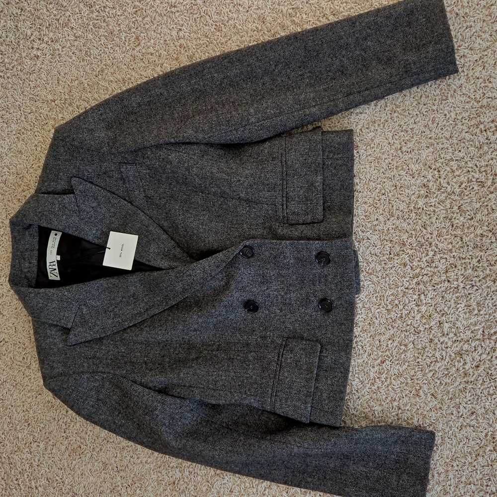 NWT Zara Charcoal Double-Breasted Cropped Blazer - Picture 3 of 9